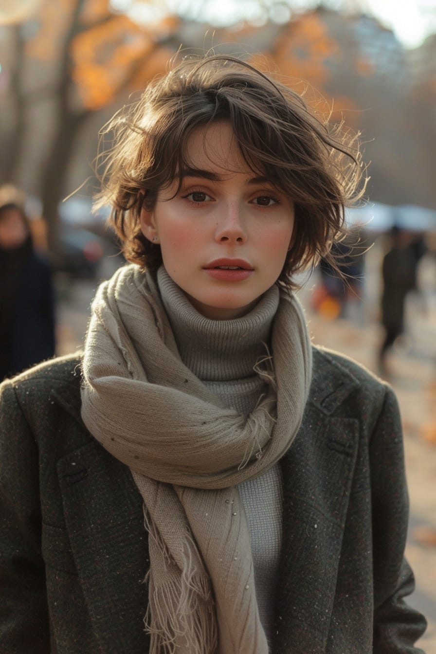 A full-length image of a young woman with short brown hair, wearing a light grey turtleneck, dark green oversized blazer, and a camel wool scarf, walking through a crowded urban park, late afternoon, the golden hour light casting a warm glow.