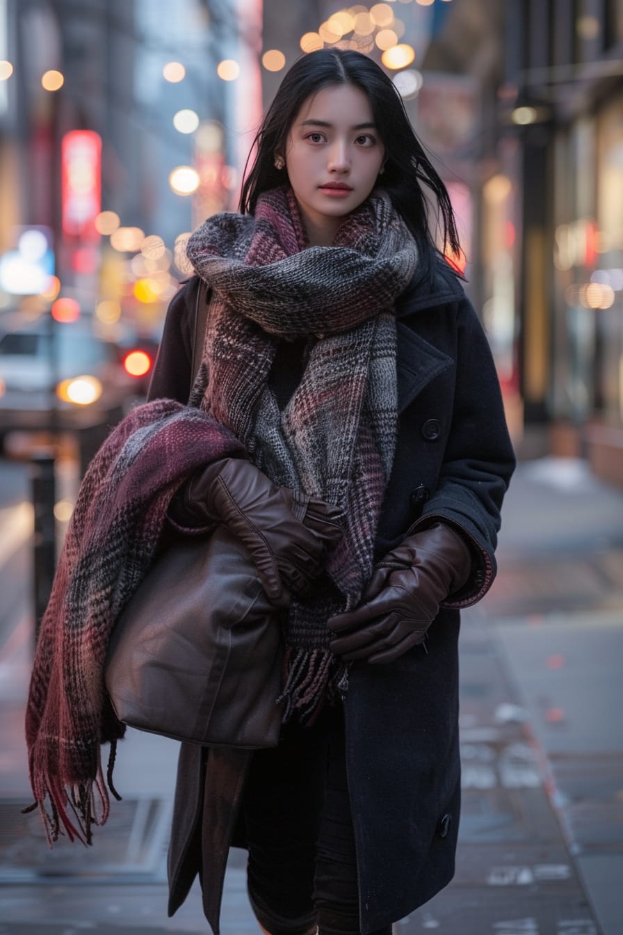 A full-length image of a young woman with sleek black hair, wearing a chunky knit scarf in shades of grey and burgundy, leather gloves, and carrying a large, structured tote bag, walking on a city sidewalk, early evening, city lights beginning to twinkle.
