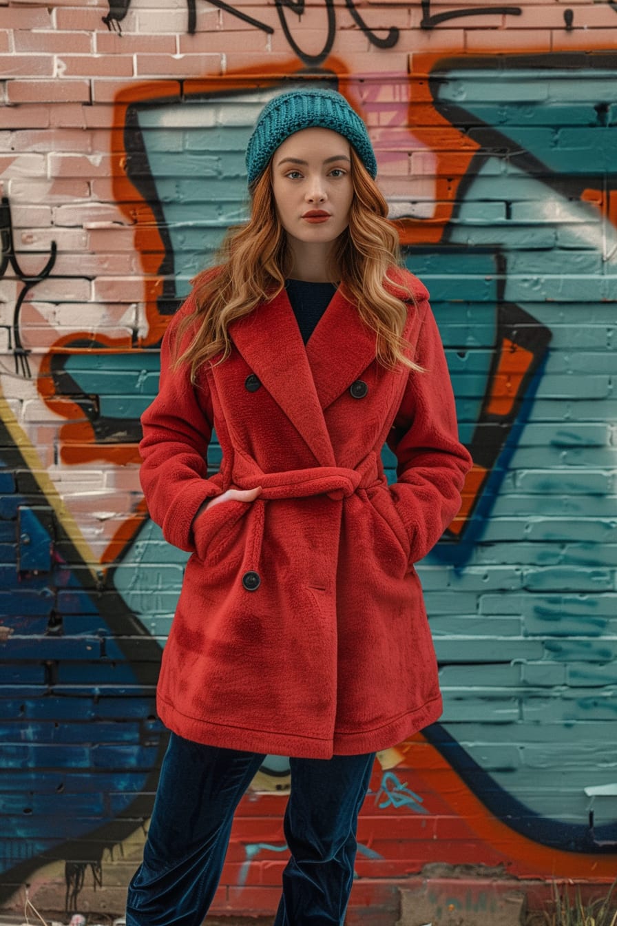 A full-length image of a young woman with wavy auburn hair, wearing a bright ruby red wool coat, navy blue velvet pants, and holding a teal knit beanie, standing in front of a graffiti-covered wall, overcast day.