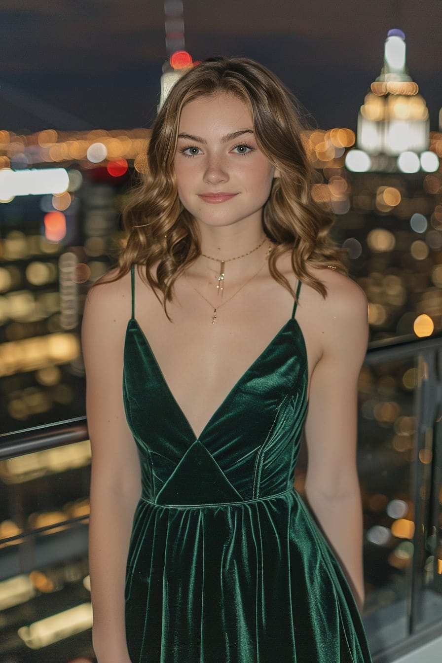 A full-length image of a young woman with wavy chestnut hair, wearing a dark emerald green velvet dress, standing on a rooftop terrace overlooking a city skyline at night.