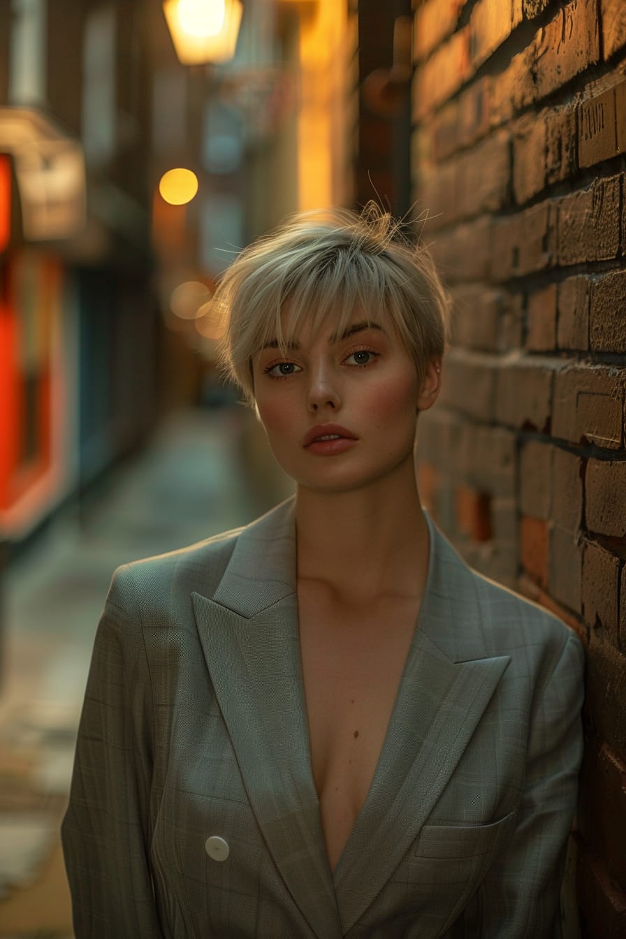 A full-length image of a young woman with short blonde hair, wearing a tailored blazer dress in a light gray color, standing in an urban alleyway, early evening.