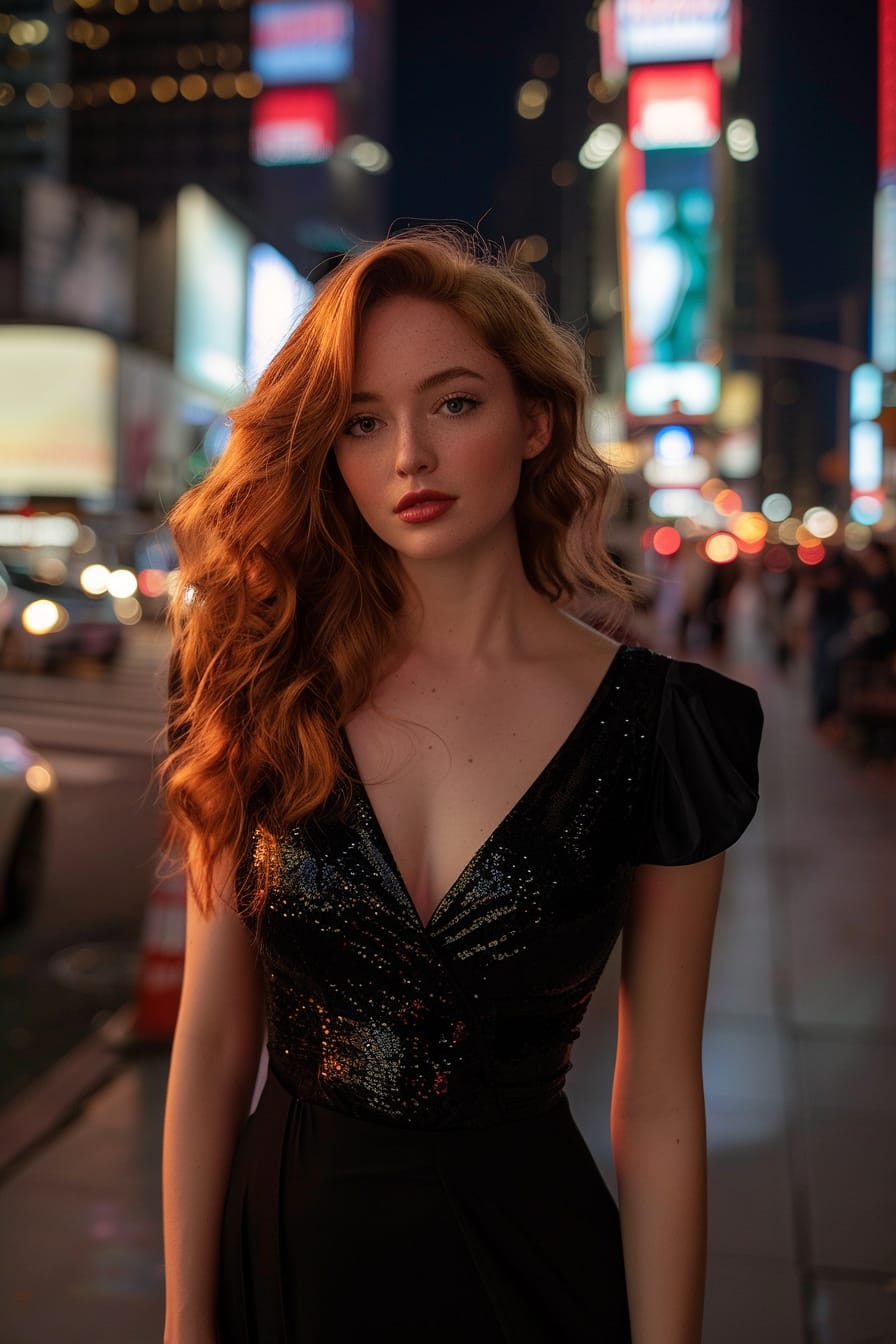  A full-length image of a young woman with long, curly red hair, wearing a sleek black midi dress with a sequin panel down the side, standing on a busy city sidewalk at night.