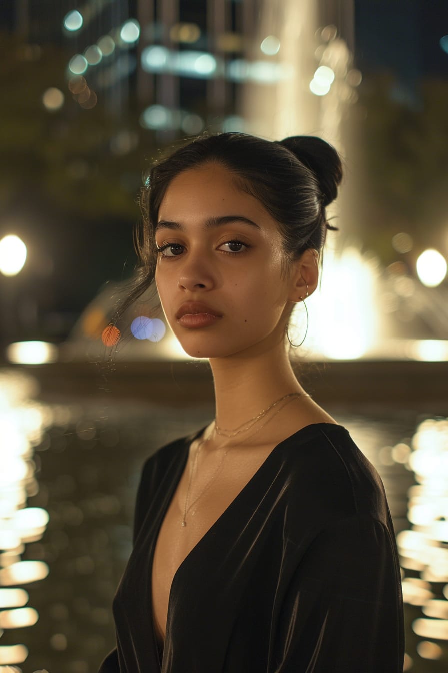 A full-length image of a young woman with sleek black hair pulled back into a low bun, wearing a modern LBD with an asymmetrical neckline, standing in front of a lit-up city fountain at night.