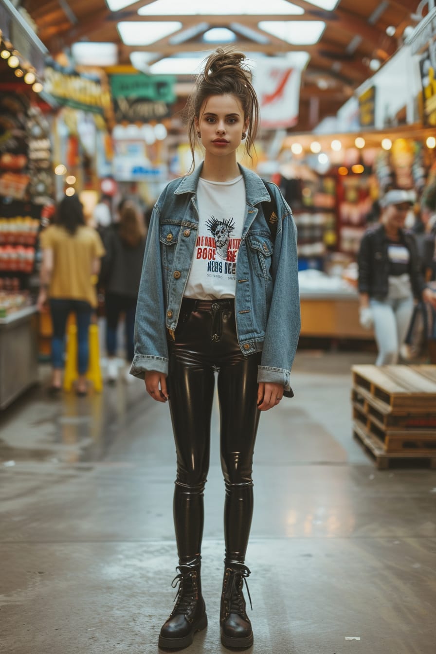 A full-length image of a young woman with a messy bun, wearing black patent leather leggings, a white oversized graphic tee, a blue denim jacket, and black combat boots, standing in a busy urban market, afternoon.