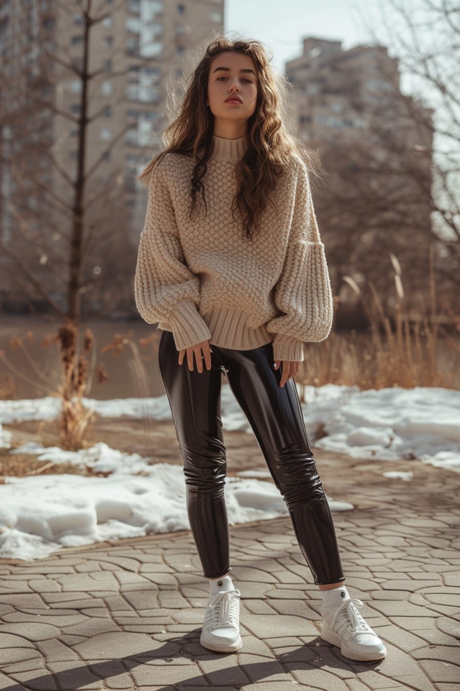  A full-length image of a young woman with loose waves, wearing black patent leather leggings, a beige chunky knit sweater, and white sneakers, standing in a sunny urban park, morning.