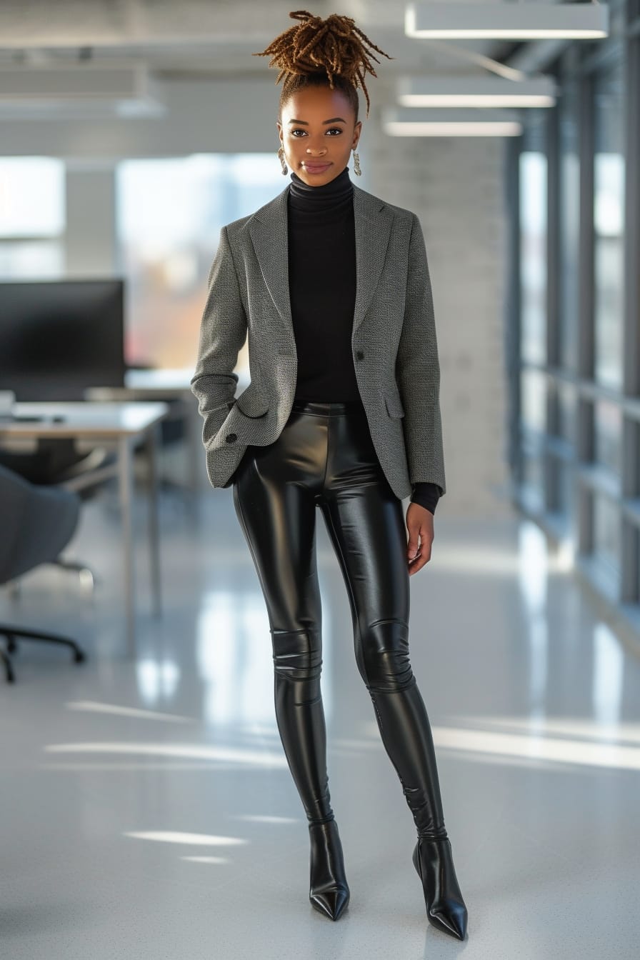 A full-length image of a young woman with a high bun, wearing black patent leather leggings, a black fitted turtleneck, a grey blazer, and pointed black pumps, standing in a modern office environment, midday.
