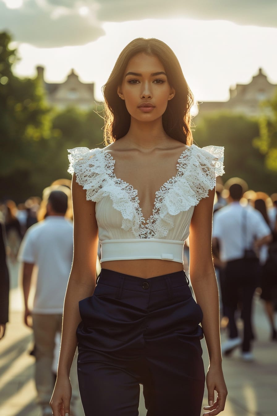  A full-length image of a young woman with sleek black hair, wearing a white peplum blouse with delicate lace detailing, paired with navy blue trousers, walking through a crowded urban park, early evening.