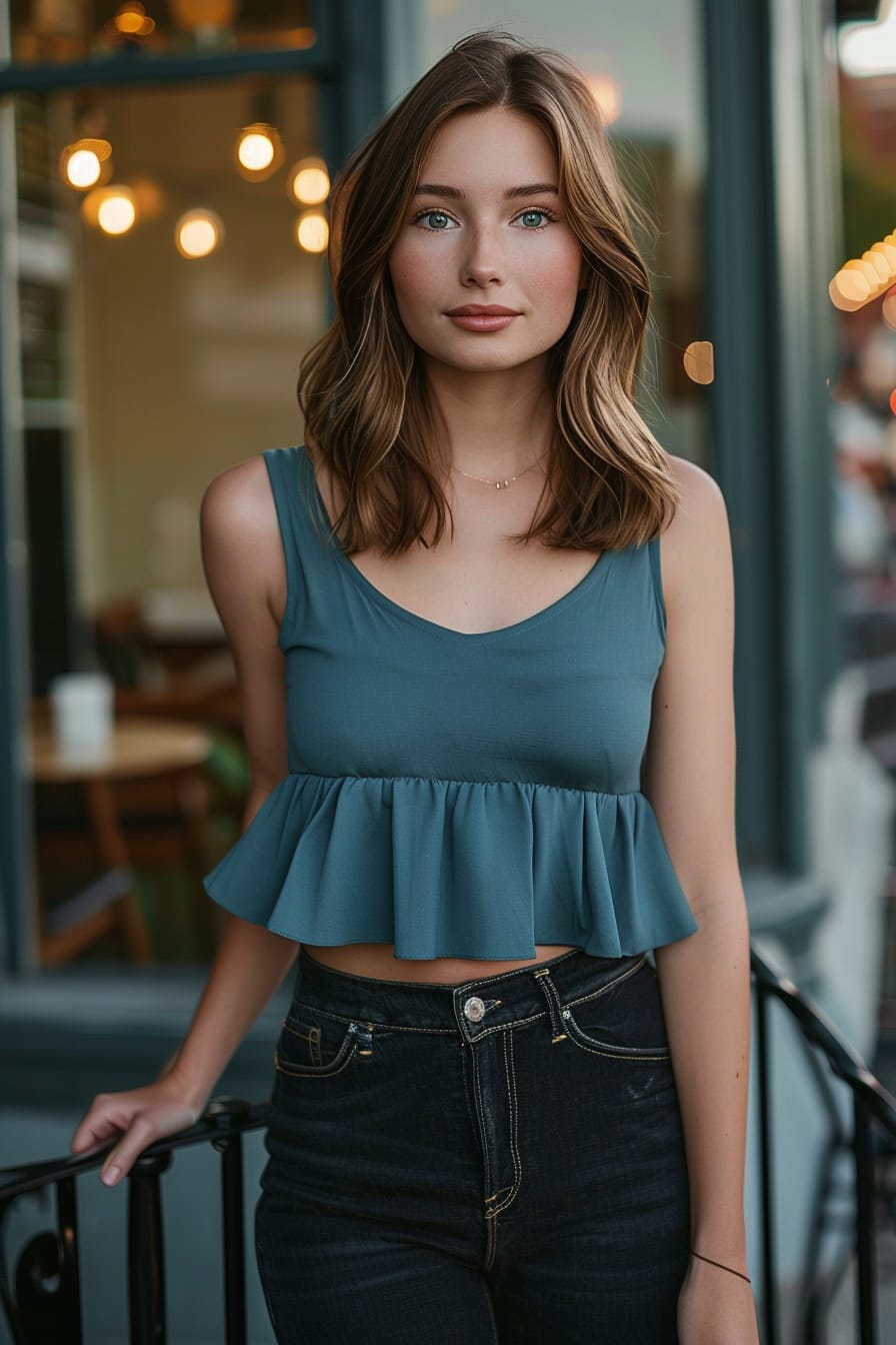  A full-length image of a young woman with shoulder-length chestnut hair, wearing a teal peplum top with a subtle geometric pattern, paired with black skinny jeans, standing near a cozy café terrace, dusk.