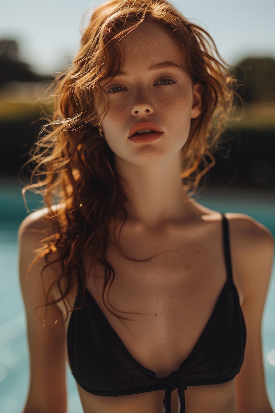 A full-length image of a young woman with wavy ginger hair, wearing a sleek, black one-piece swimsuit with a cutout on the waist, urban poolside, midday.