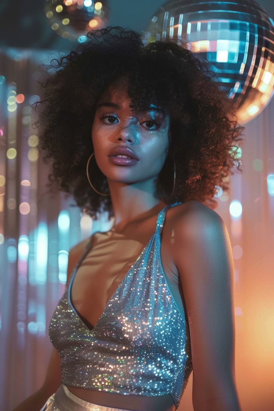  A young woman with curly hair, donning a sequined silver top paired with satin flared pants, under a disco ball's glow, night.