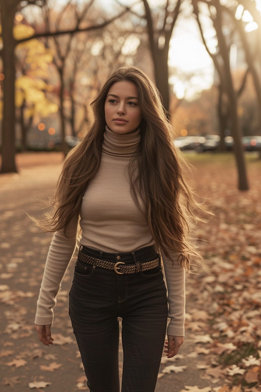 A full-length image of a young woman with long, straight hair, wearing a cozy beige turtleneck, dark skinny jeans, and ankle boots, the Gucci belt tying the look together. She's walking through a city park, leaves in shades of orange and brown covering the ground, early evening.