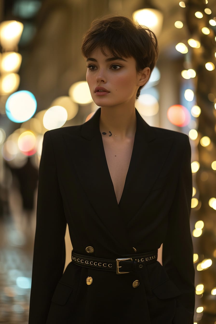  A full-length image of a young woman with short, sleek hair, wearing a black blazer dress, the same black Gucci belt accentuating her waist. She's walking through a city square, surrounded by twinkling lights, evening.