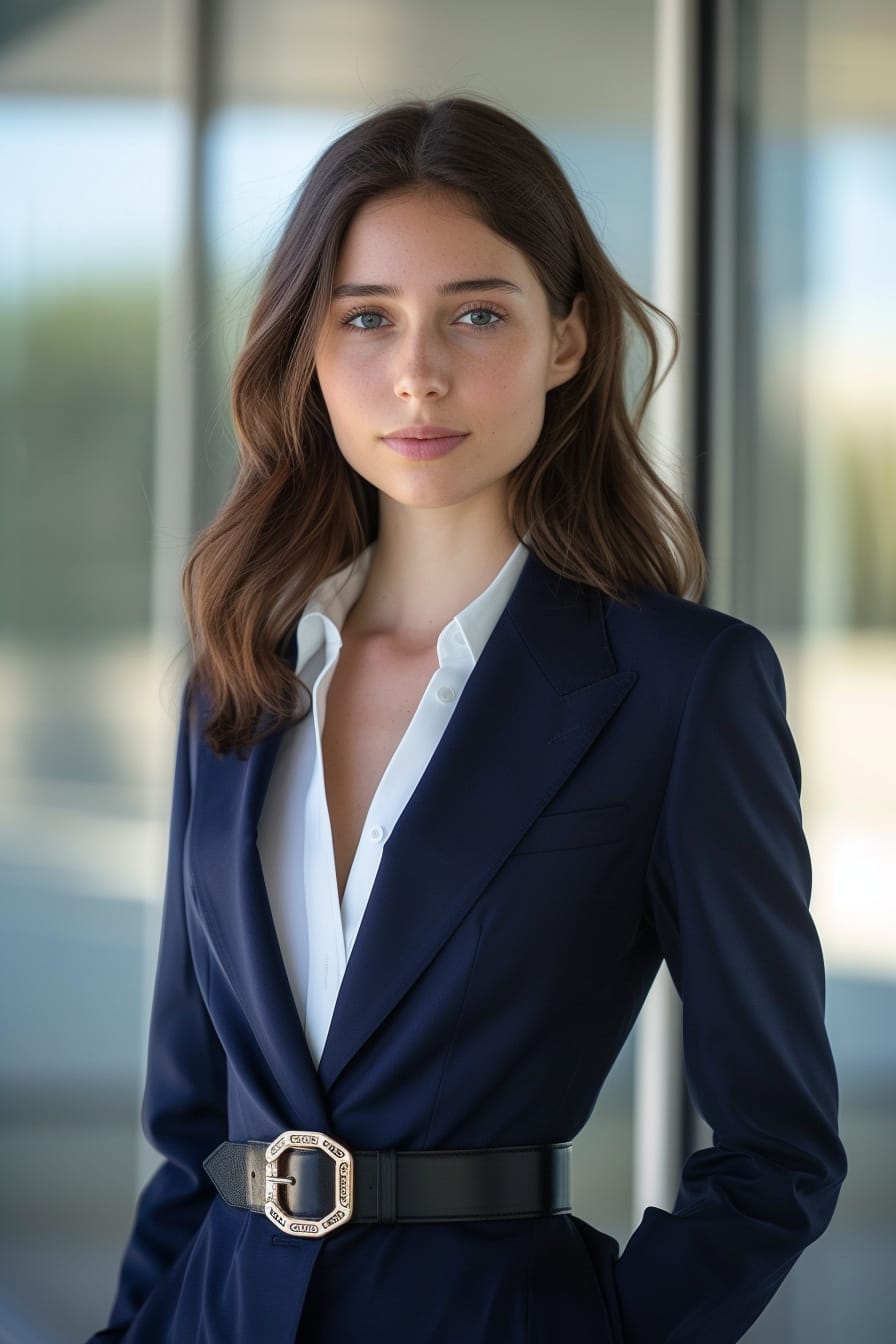 A full-length image of a young woman with medium-length dark hair, wearing a tailored navy blue suit, a crisp white shirt, and the black Gucci belt, standing outside an office building, midday sunlight reflecting off the glass façade.