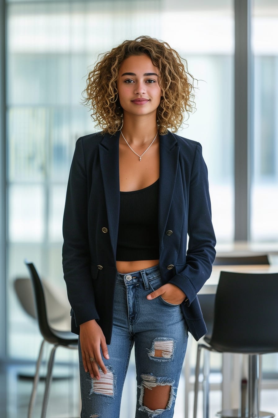 A young woman with short curly hair, wearing ripped boyfriend jeans and an oversized navy blazer, standing in a modern office space with large windows, soft morning light.