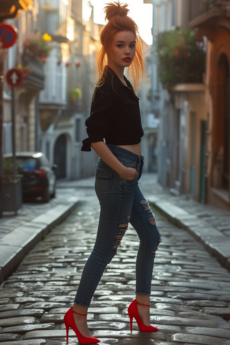  A young woman with red hair tied in a messy bun, wearing skinny ripped jeans and bright red high heels, standing on a cobblestone street, evening light.