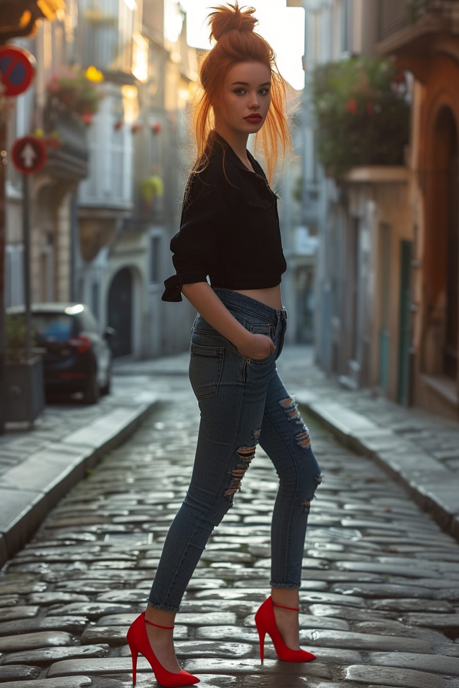 A young woman with red hair tied in a messy bun, wearing skinny ripped jeans and bright red high heels, standing on a cobblestone street, evening light.