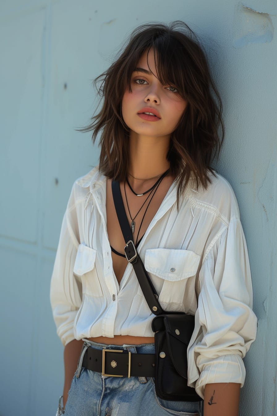 A young woman with sleek, shoulder-length hair, wearing mid-rise ripped jeans, a black leather belt, and carrying a structured handbag, standing against a neutral-colored wall, late afternoon.