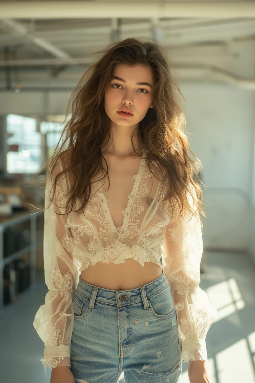 A young woman with wavy brown hair, wearing high-waisted ripped jeans with a delicate lace blouse, standing in a bright, sunlit room with minimalist decor, midday.