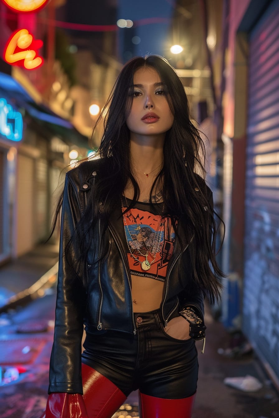  A full-length image of a confident young woman with long black hair, wearing red leather knee-high boots, a black leather jacket, and a graphic tee. She's standing in an alleyway, night, with the city lights creating a dramatic backdrop.