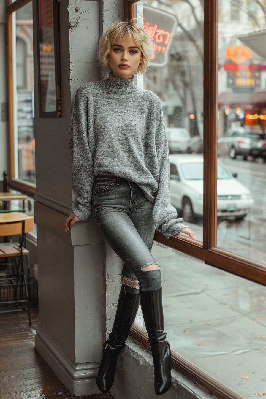 A full-length image of a stylish young woman with short blonde hair, wearing sleek black knee-high boots, dark denim jeans, and a cozy, oversized grey sweater. She's leaning against a coffee shop window, midday, with a soft urban background.
