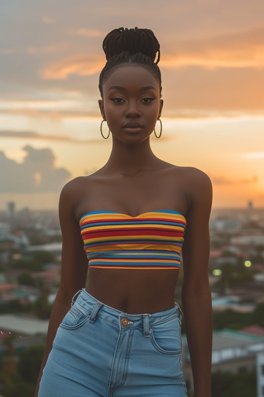 A confident young woman with a sleek ponytail, showcasing a bold, striped crop top with light-wash high-waisted jeans, against a vibrant cityscape at dusk.