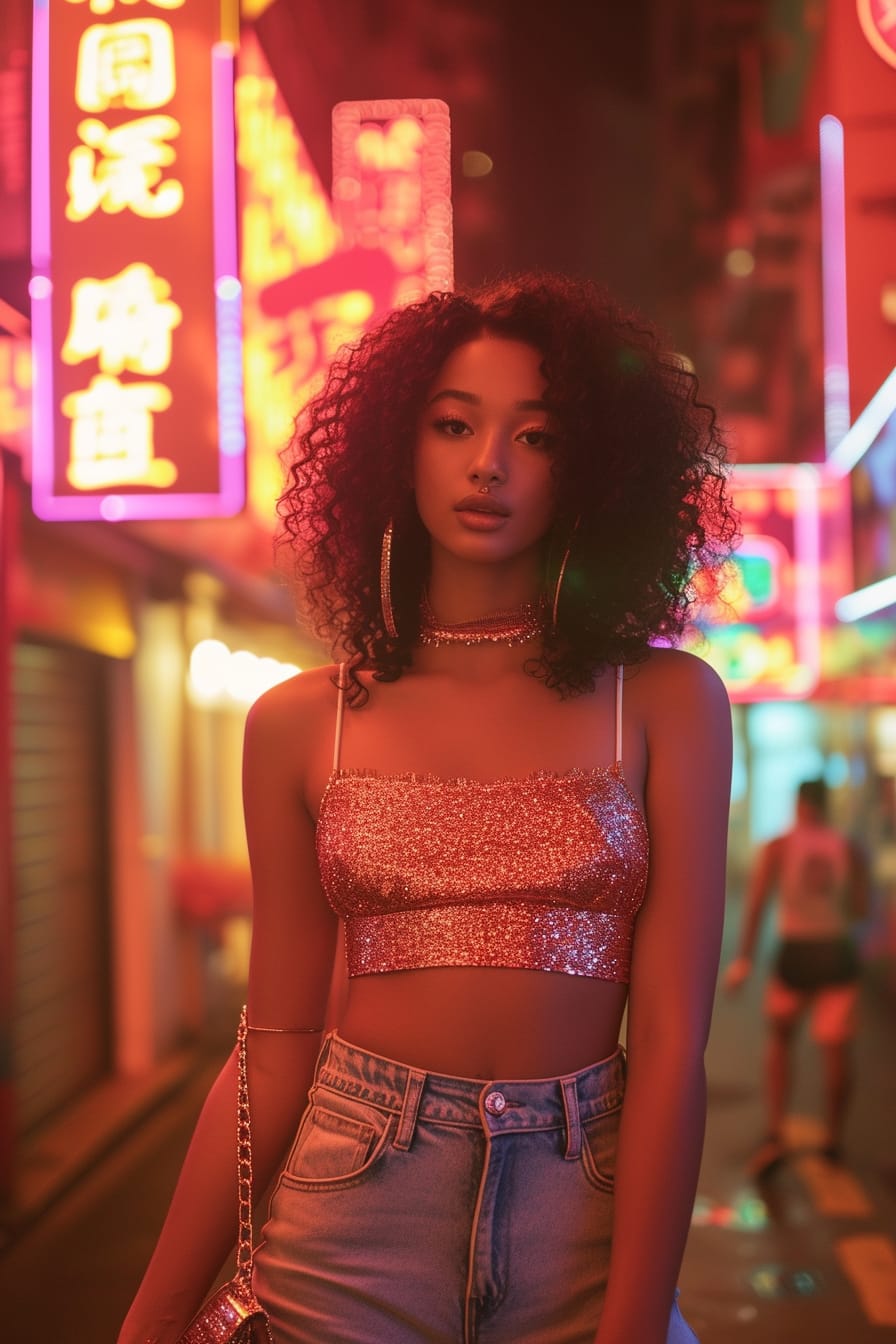 A young woman with soft curls, wearing a glittery crop top and high-rise skinny jeans, clutching a small metallic purse, under the neon lights of a lively street at night.
