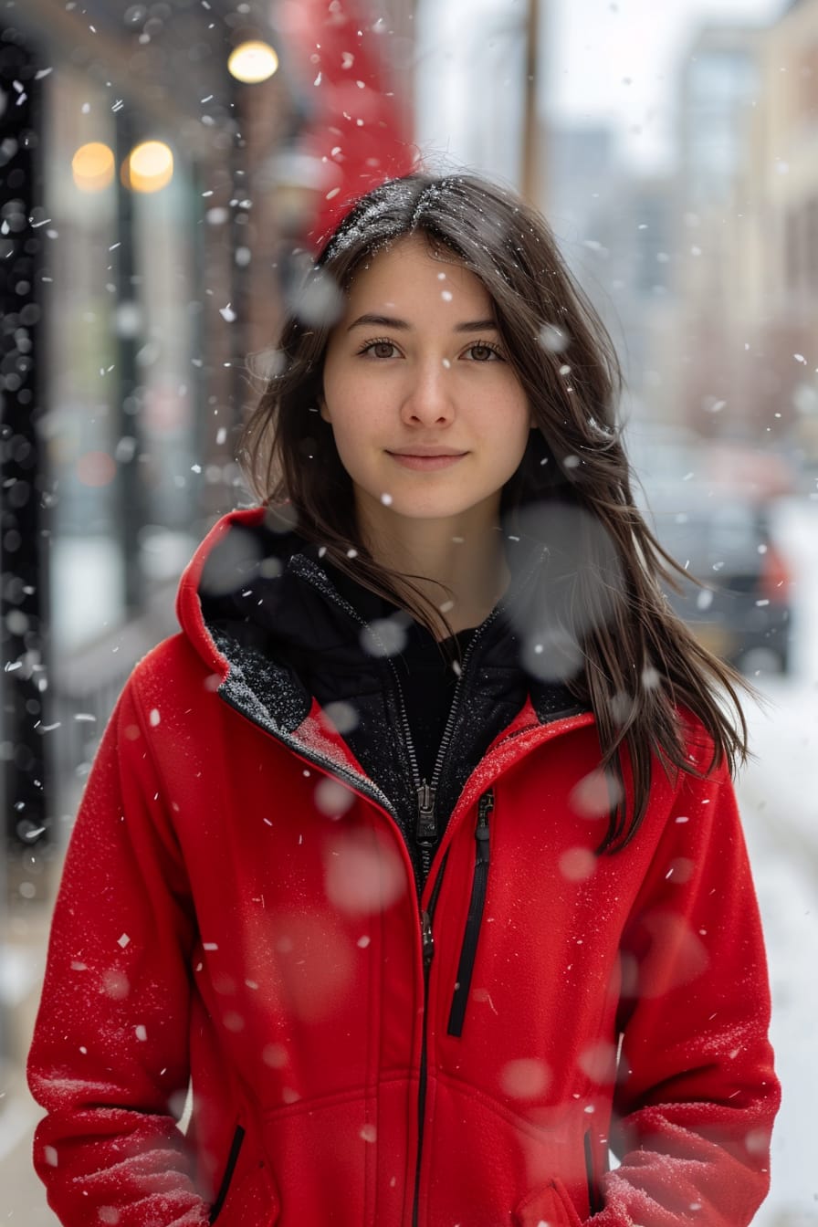 A full-length image of a young woman with dark hair, wearing a bright red, slim-fit fleece jacket, standing in a city with light snowfall, early afternoon.