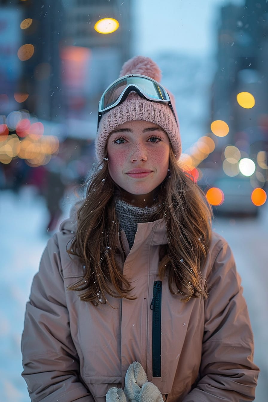 A full-length image of a young woman with wavy brown hair, wearing a soft pink beanie, matching ski goggles, and white gloves, standing in a city setting with a snowy street, early evening.