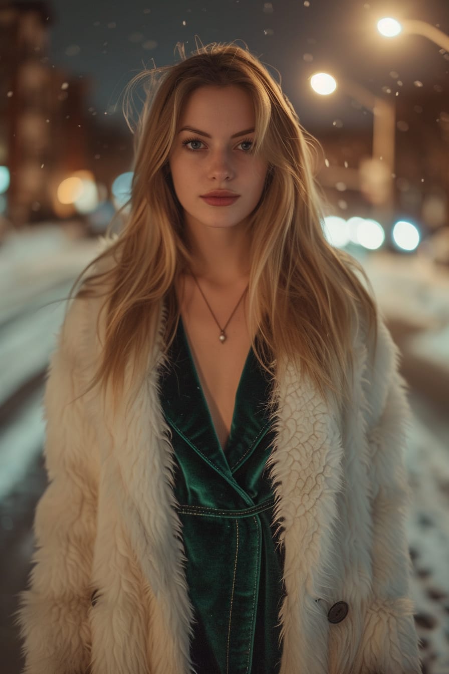 Full-length image of a young woman with long blonde hair, wearing a dark green velvet midi dress and a white faux fur coat. She's standing on a snowy city street at night, streetlights casting a soft glow.