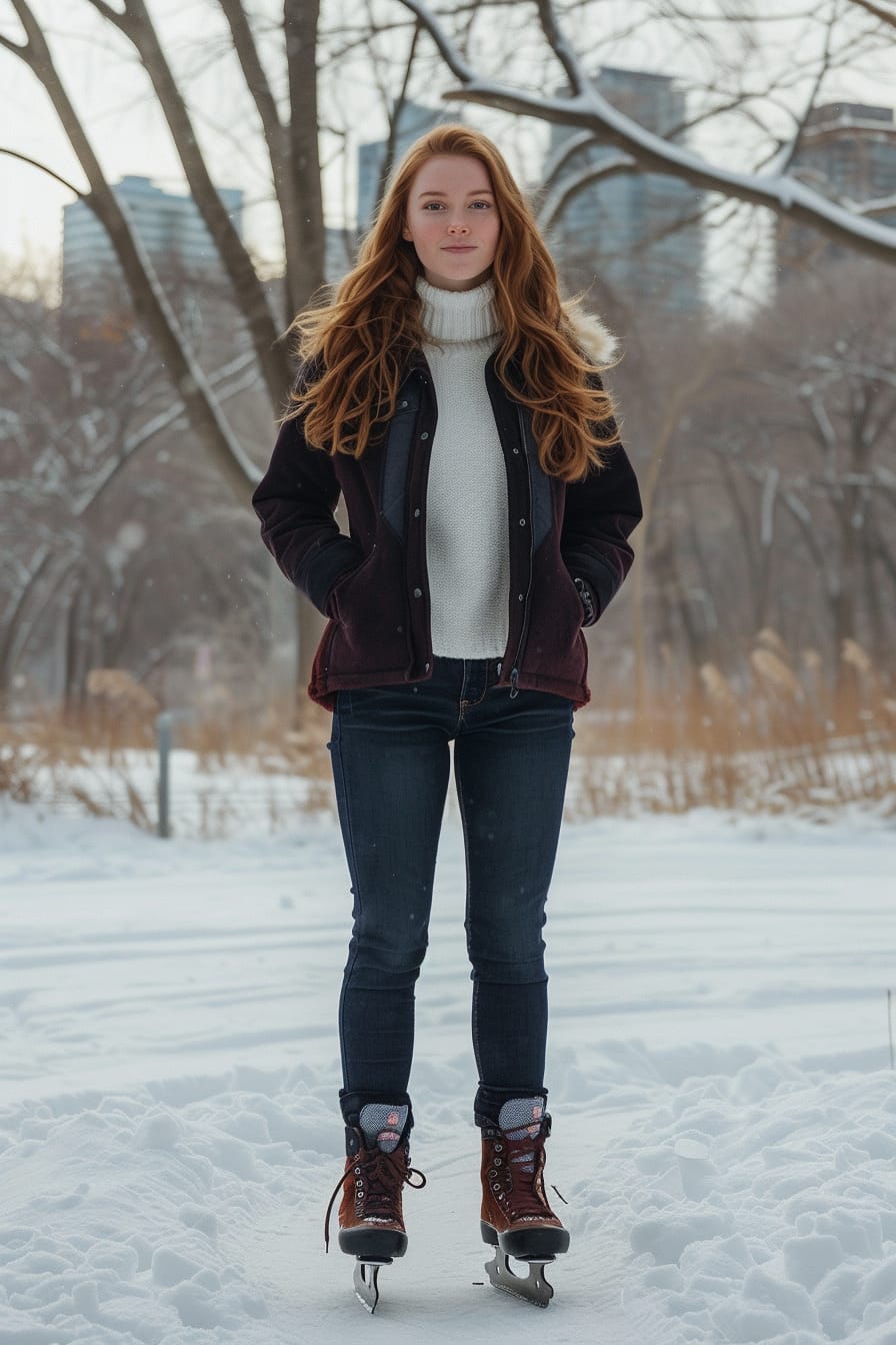 Full-length image of a young woman with wavy ginger hair, wearing a white moisture-wicking base layer, a burgundy fleece, and a navy waterproof jacket. She's standing in a snowy urban park, holding a pair of ice skates, late afternoon.