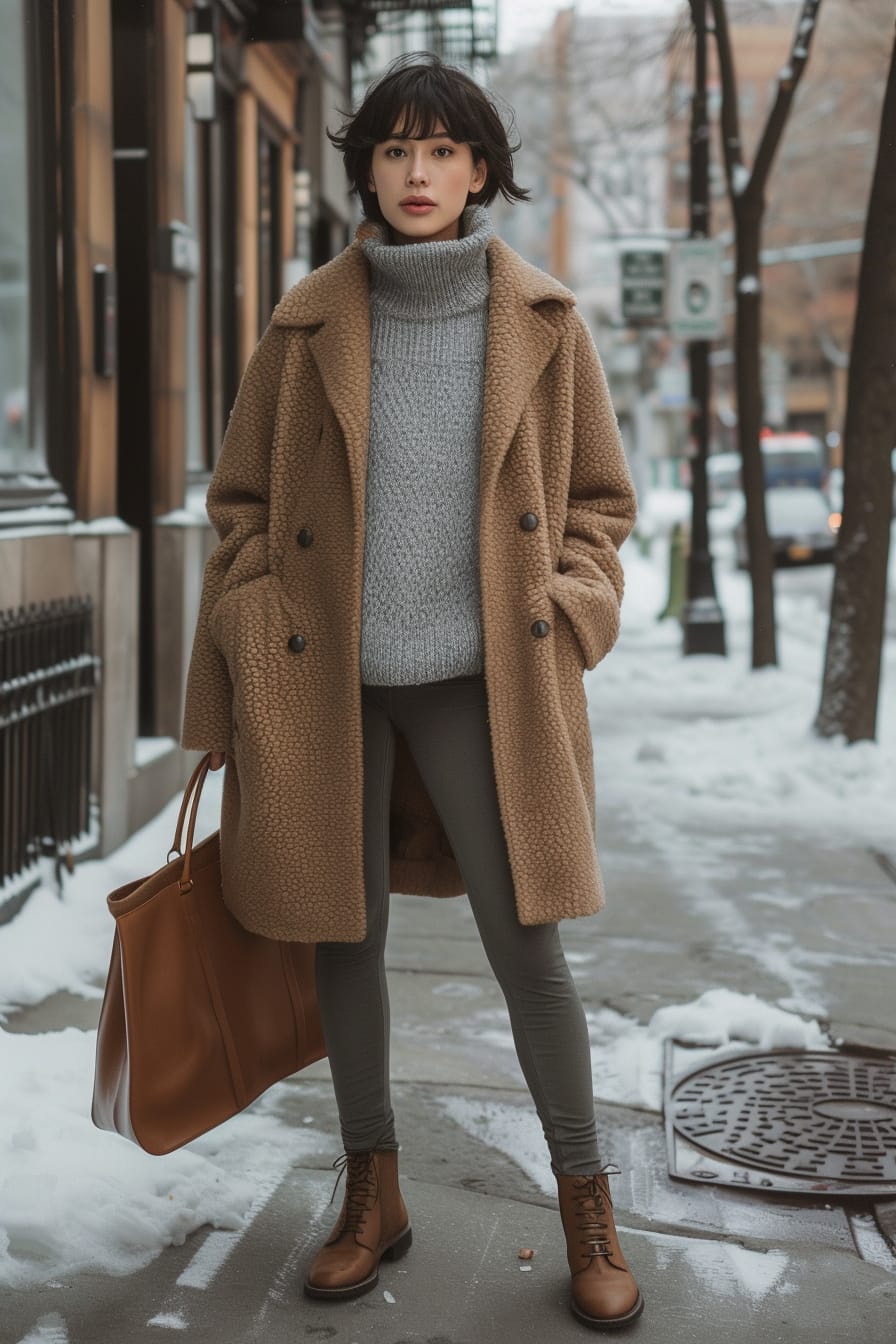 Full-length image of a young woman with short black hair, wearing thermal leggings, a gray turtleneck sweater, and a long camel wool coat. She's standing on a snowy city sidewalk, carrying a leather tote bag, late afternoon.
