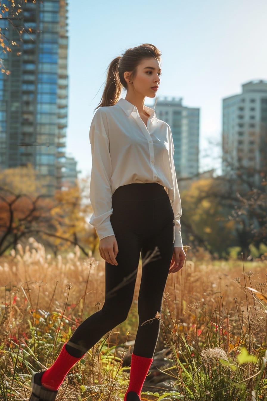 A full-length image of a young woman with a sleek ponytail, wearing black leggings, bright red wool socks over the leggings, a crisp white button-down shirt, casually walking through a city park, midday, clear skies.