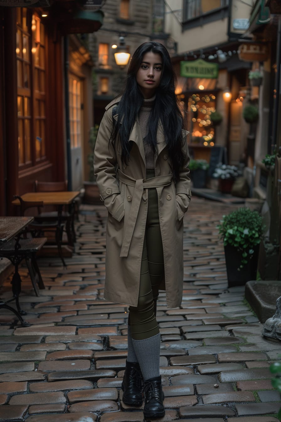  A full-length image of a young woman with long black hair, wearing olive green leggings, thick grey wool socks over the leggings, a long beige trench coat, standing in a cobblestone alley, dusk, the lights of nearby cafes casting a warm glow.