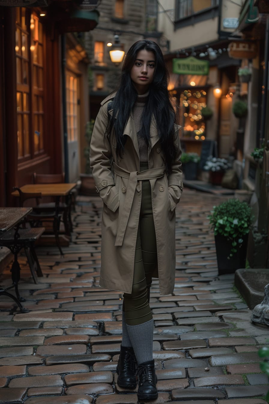 A full-length image of a young woman with long black hair, wearing olive green leggings, thick grey wool socks over the leggings, a long beige trench coat, standing in a cobblestone alley, dusk, the lights of nearby cafes casting a warm glow.
