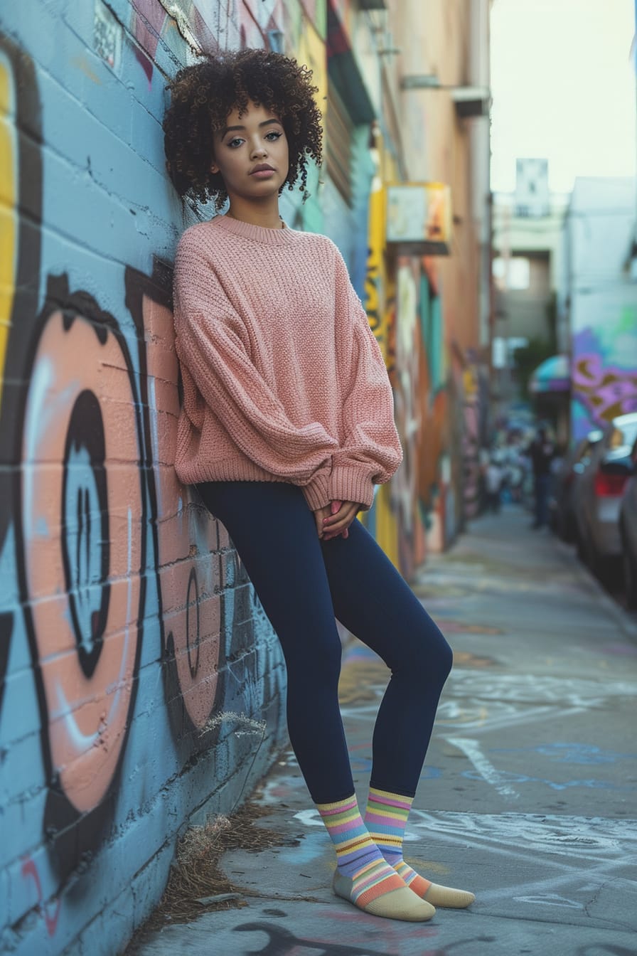  A full-length image of a young woman with short curly hair, wearing navy blue leggings, pastel-colored striped socks over the leggings, a soft pink knit sweater, leaning against a graffiti-covered wall in an urban alley, late afternoon, indirect sunlight.