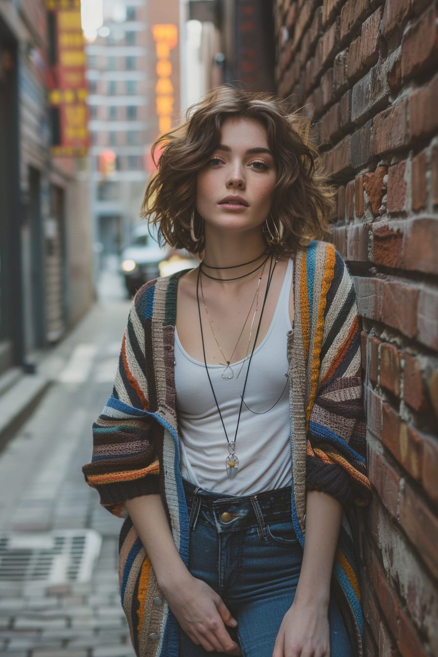 A full-length image of a young woman with short curly hair, wearing a striped oversized cardigan, white tank top, and dark blue jeans, leaning against a brick wall in a narrow city alley, late afternoon.