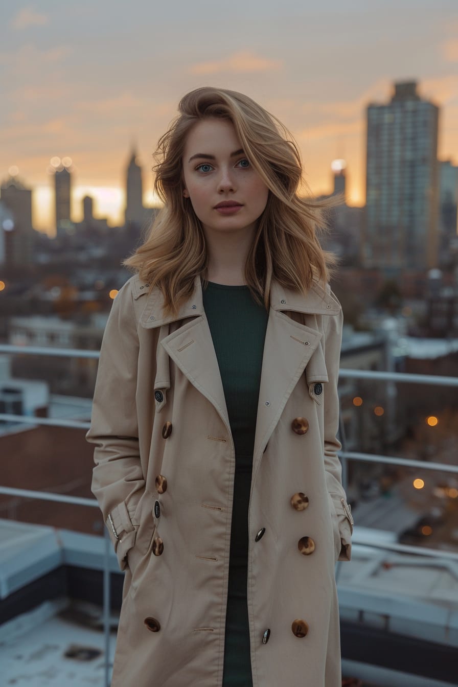 A full-length image of a young woman with shoulder-length blonde hair, wearing a beige lightweight trench coat, dark green fitted dress, and brown ankle boots, standing in front of a city skyline view from a rooftop, twilight.