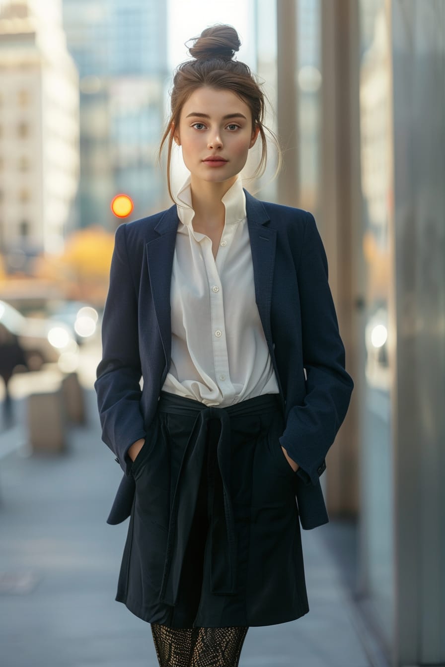  A full-length image of a young woman with a sleek bun, wearing a navy blue blazer, a white blouse, and a black pencil skirt, finished with pointed-toe snakeskin boots. She's standing in front of an office building, late afternoon, with the city's hustle and bustle captured in the background.