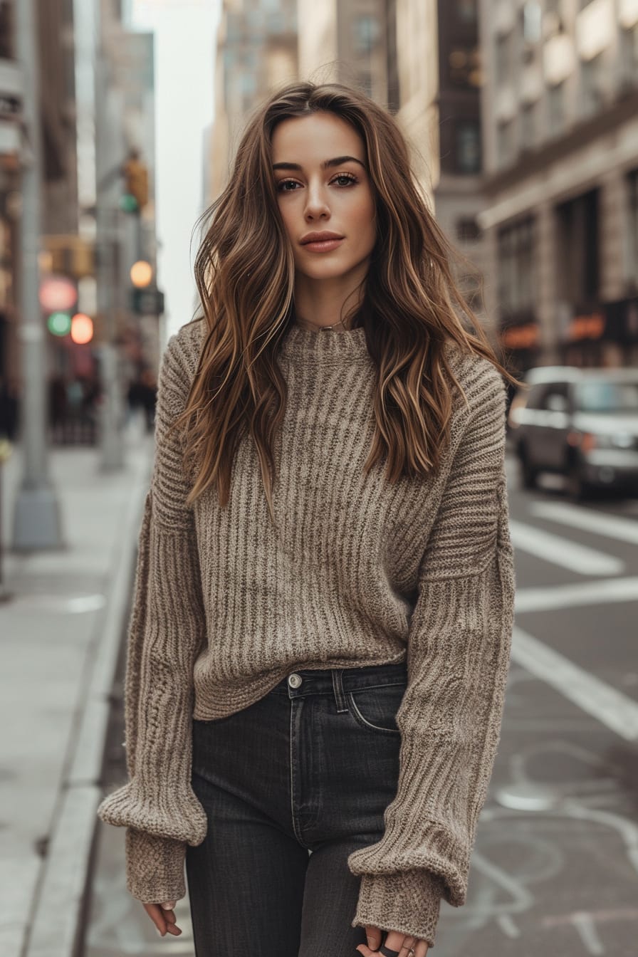  A full-length image of a young woman with soft, beachy waves, wearing a cozy, oversized sweater and slim-fit, dark wash jeans, tucked into ankle snakeskin boots. She's walking on a city street, early morning, with the calmness of the city waking up in the background.