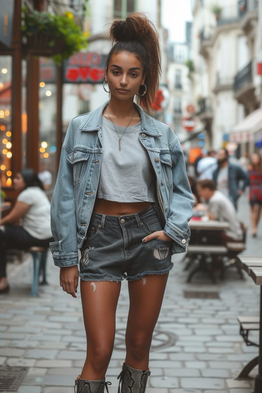  A full-length image of a young woman with a high ponytail, wearing a denim jacket, a simple, light grey t-shirt, and dark denim shorts, paired with ankle-length snakeskin boots. The background is a bustling city street, midday, with people and cafes in the blur behind her.