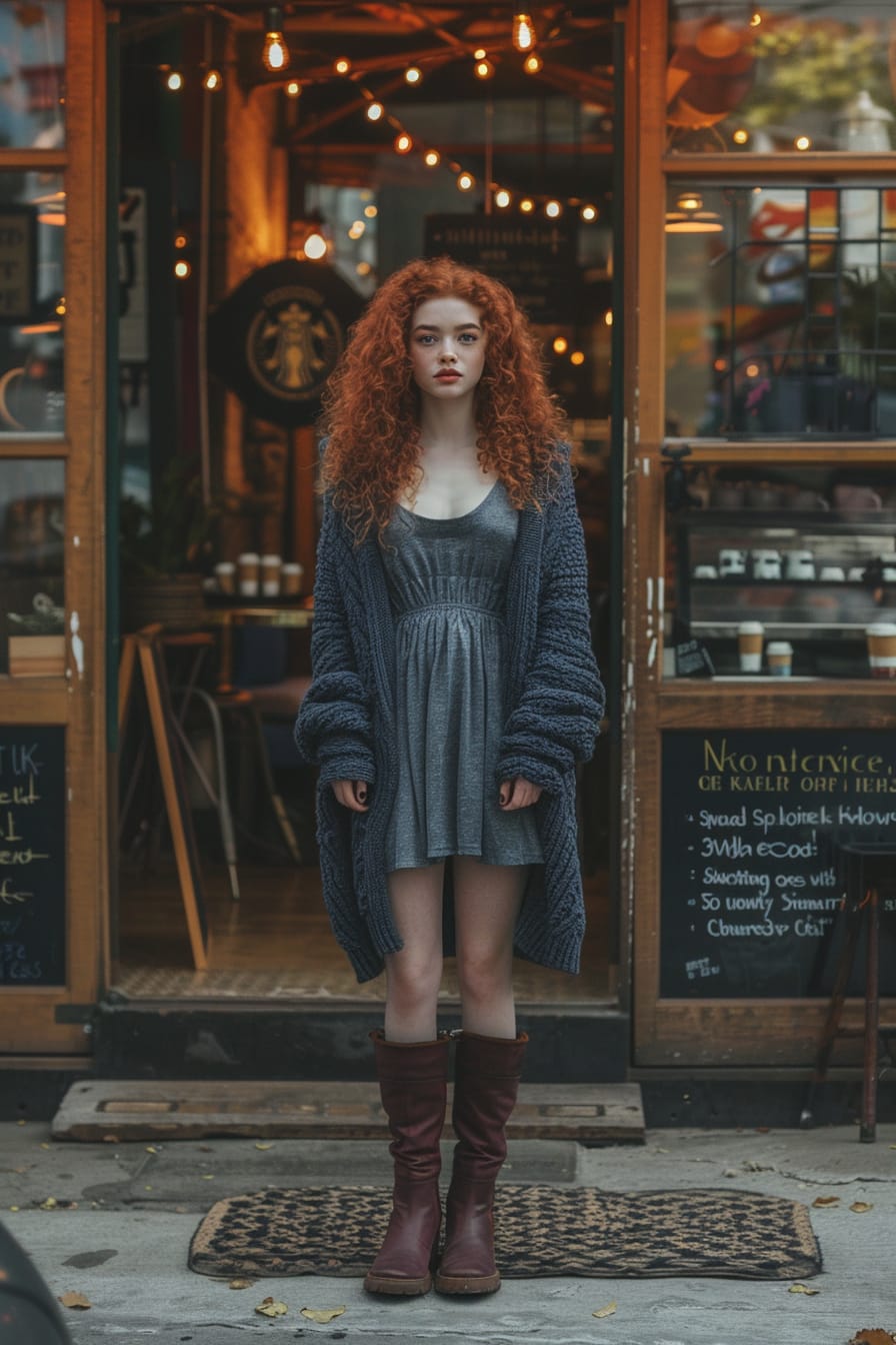 A full-length image of a young woman with curly red hair, wearing wide-calf boots in a deep burgundy shade, a knee-length, flowy, light gray dress, and a chunky knit navy blue cardigan. She's standing in front of an urban coffee shop, with the warm, cozy lights of the interior spilling out onto the twilight-drenched street.