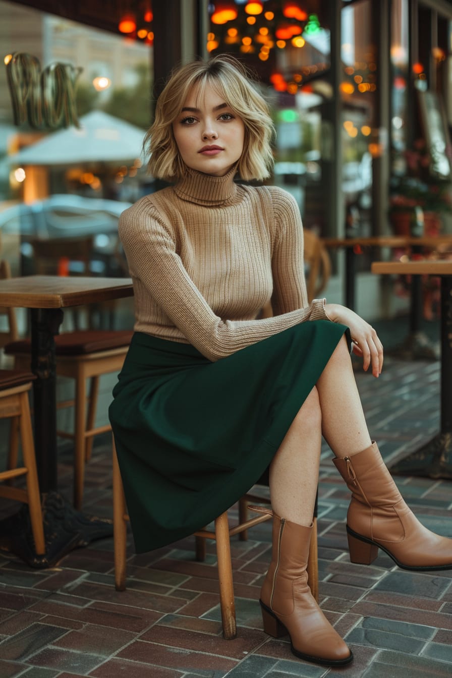  A full-length image of a stylish young woman with short blonde hair, showcasing light brown wide-calf leather boots paired with a dark green pencil skirt and a soft, beige turtleneck sweater. The backdrop is a lively urban café patio, captured in the soft light of an early evening.