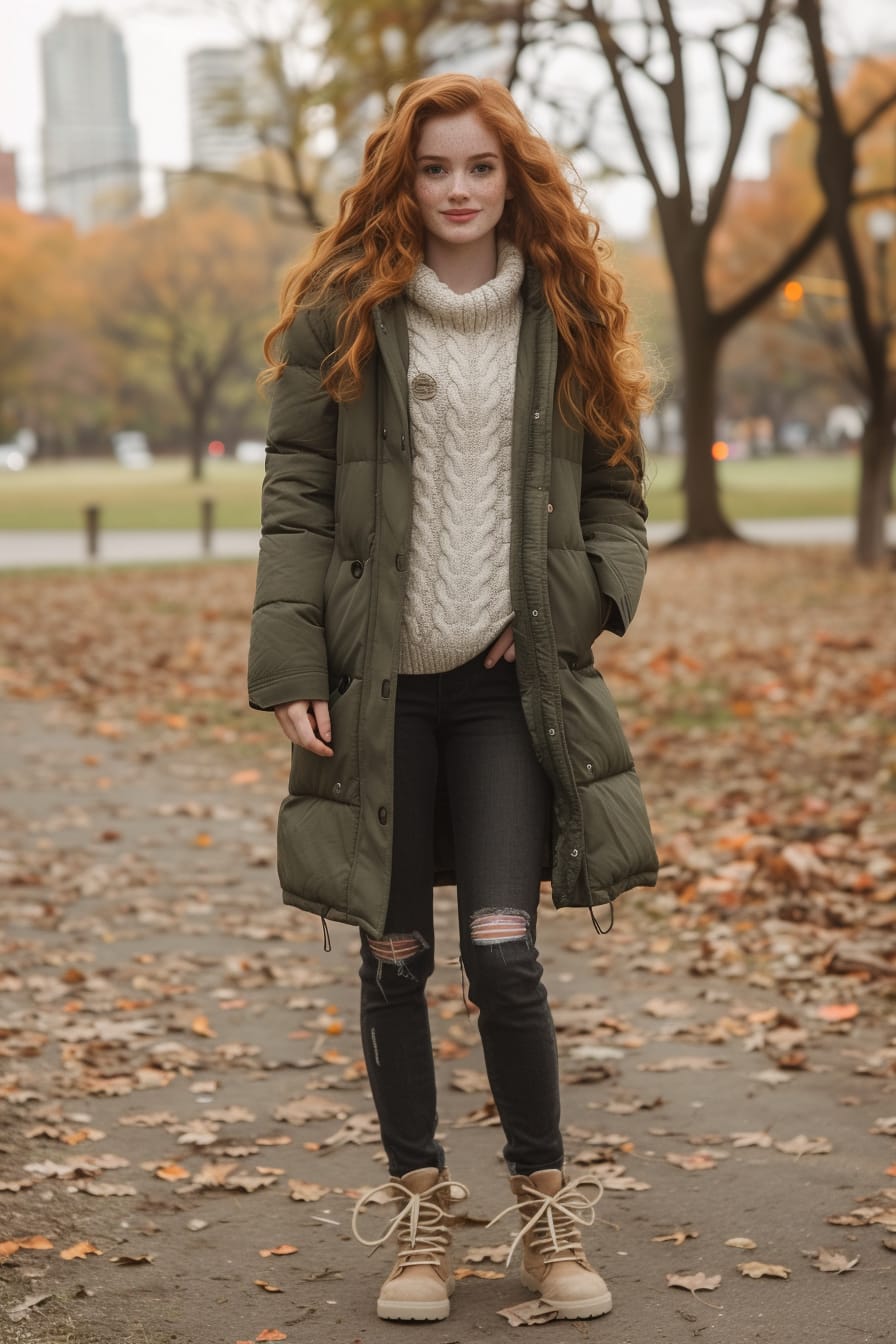  A full-length image of a young woman with long, curly red hair, wearing a long, olive green puffer coat, a cream-colored cable knit sweater peeking out, dark wash denim jeans, and tan Uggs, walking through a city park, late afternoon, with autumn leaves scattered around.