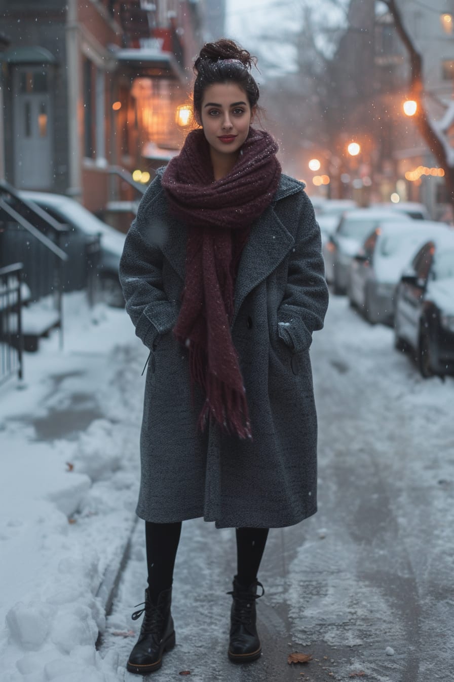  A full-length image of a young woman with dark hair in a loose bun, wearing an oversized wool coat in charcoal grey, a chunky knit scarf in burgundy, black leggings, and classic black Uggs, standing on a snow-covered city street, early evening, with streetlights casting a warm glow.