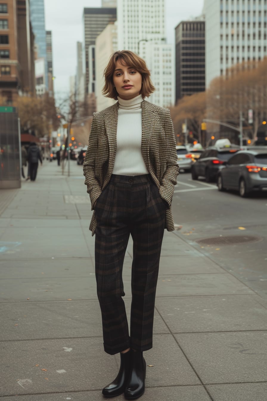  A full-length image of a young woman with short, sleek hair, wearing a tailored blazer in a houndstooth pattern, a white turtleneck, slim-fit black trousers, and black Uggs, on a city sidewalk, midday, with skyscrapers in the background.