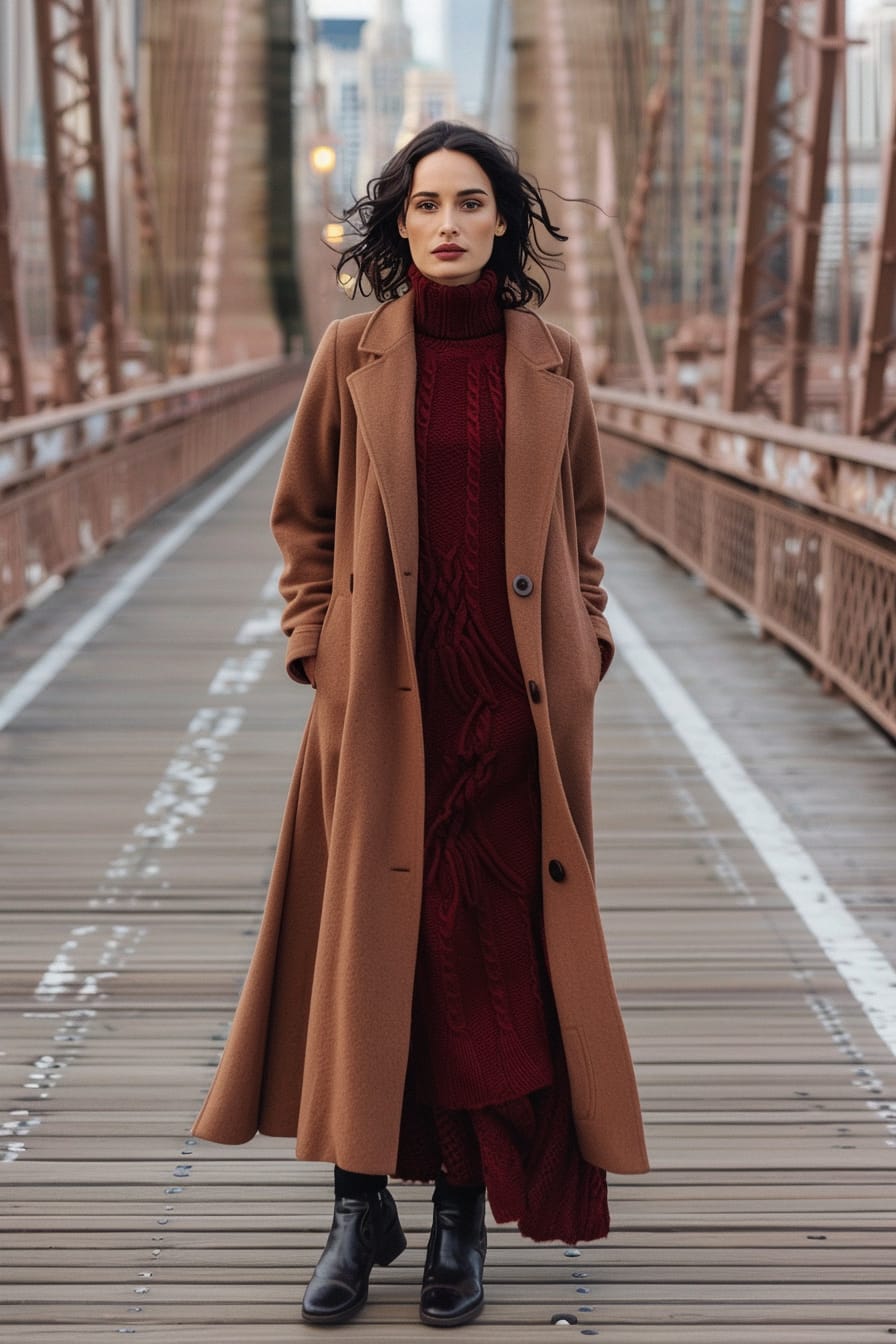  A full-length image of a young woman with dark hair, wearing a long wool coat in camel color over a burgundy knit dress, on a city bridge, early morning.