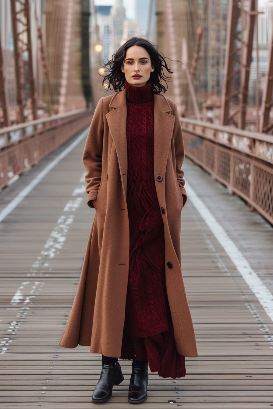A full-length image of a young woman with dark hair, wearing a long wool coat in camel color over a burgundy knit dress, on a city bridge, early morning.