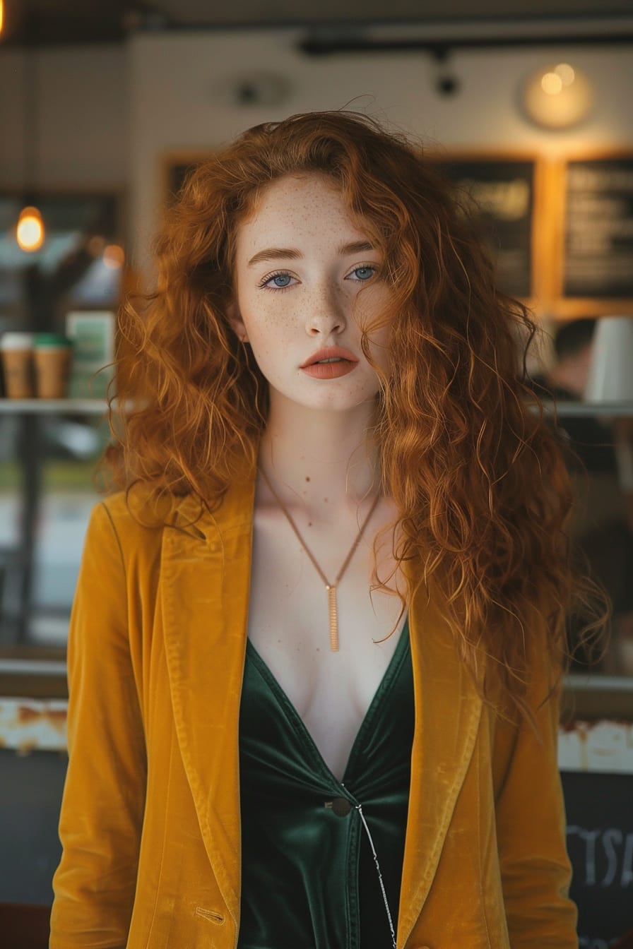 A full-length image of a young woman with long curly red hair, wearing a mustard yellow blazer over a dark green velvet mini dress, standing in front of a coffee shop, late afternoon.