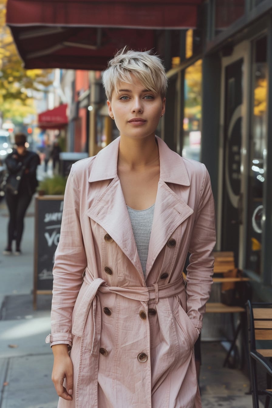  A full-length image of a young woman with short blonde hair, wearing a pastel pink trench coat over a knee-length light grey dress, walking on a bustling city sidewalk, midday.