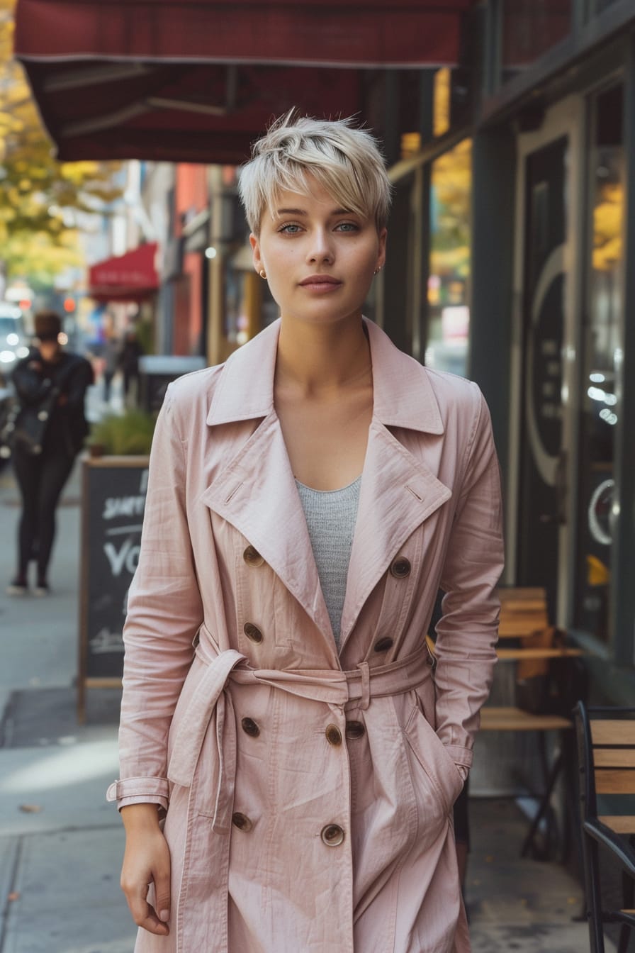 A full-length image of a young woman with short blonde hair, wearing a pastel pink trench coat over a knee-length light grey dress, walking on a bustling city sidewalk, midday.